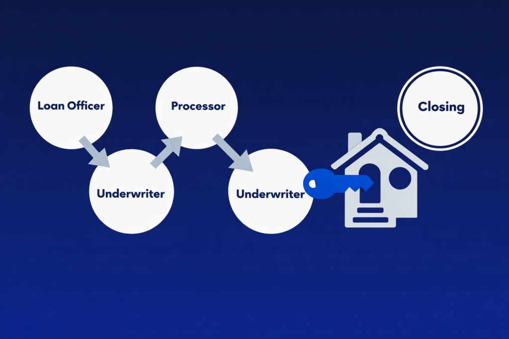 Mortgage process flow showing loan officer, underwriting, processing, and closing steps