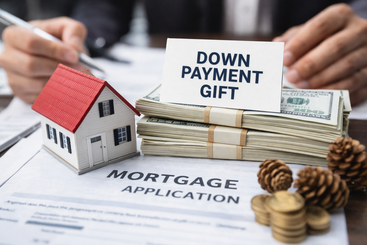 Down payment gift concept with cash, small house model, and mortgage application document