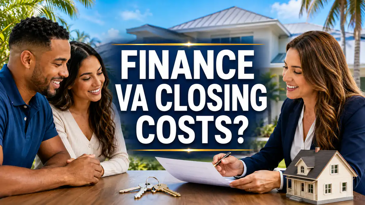 Homebuyer couple reviewing mortgage paperwork with a loan officer beside house keys and a Florida home, with the words “Finance VA Closing Costs?”