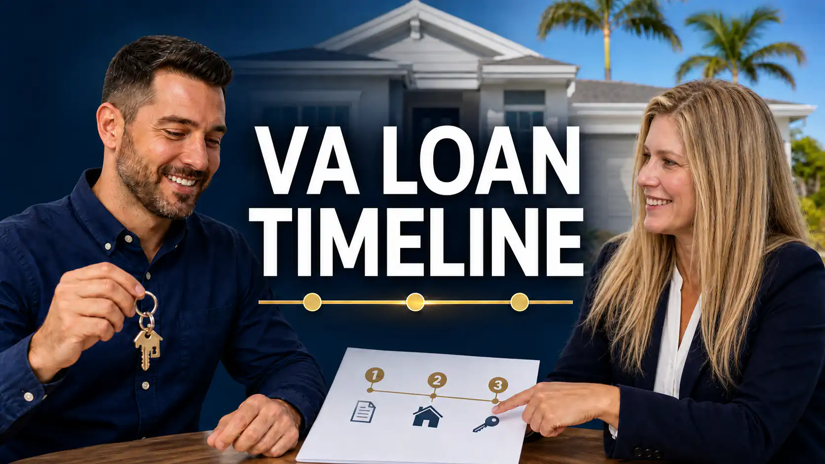 Mary looking toward a Veteran homebuyer while reviewing a three-step VA loan timeline in front of a Florida home; centered text reads "VA Loan Timeline."