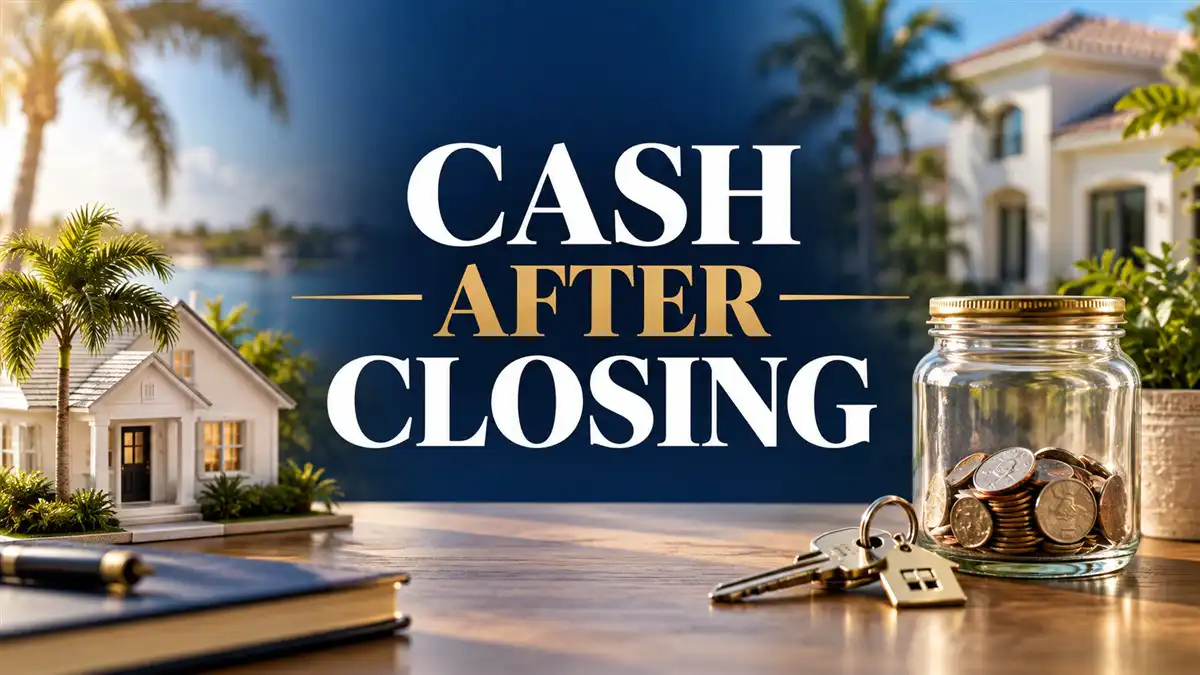 Model house, keys and a jar of coins on a desk, with the words Cash After Closing.
