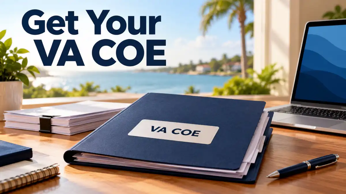 An organized VA COE folder, document stack, laptop and pen beside a Florida window, with the words Get Your VA COE.