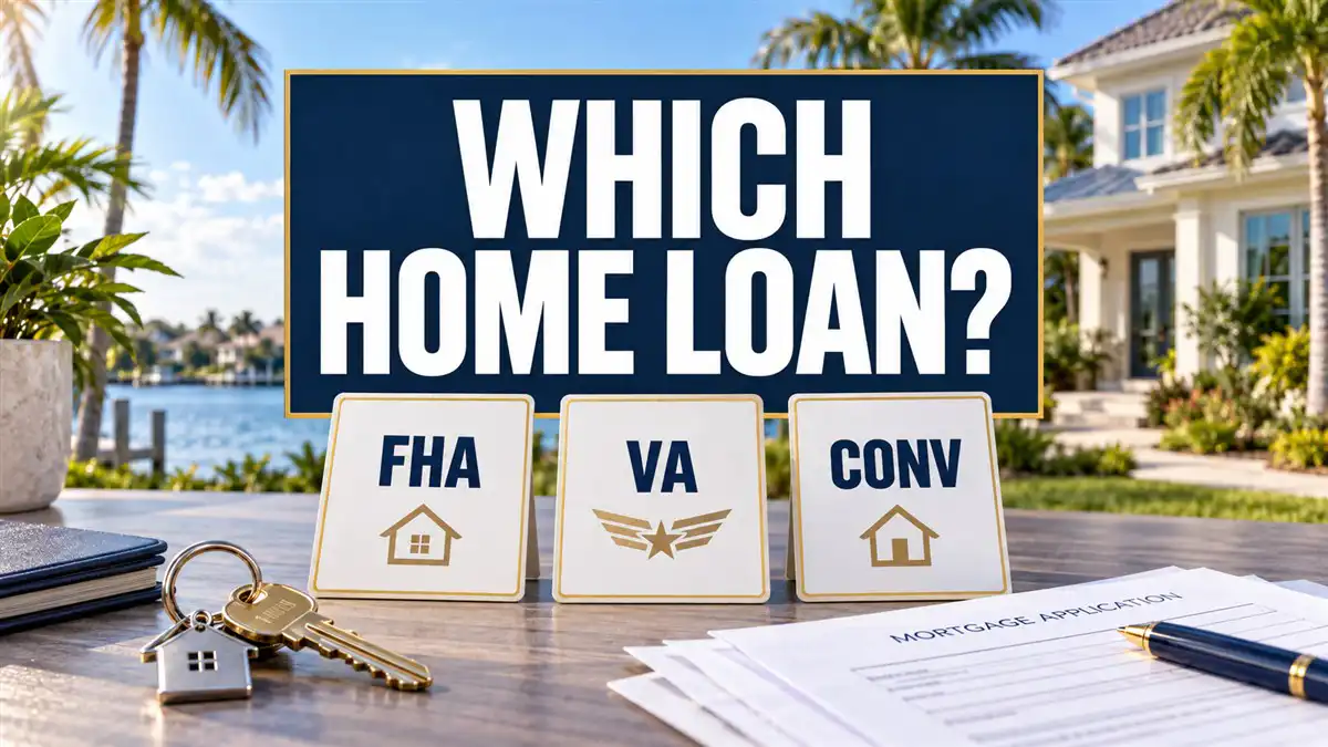 Cards labeled FHA, VA and CONV beside house keys and mortgage paperwork in front of a Florida home, with the words Which Home Loan?