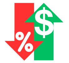 Icon of a two arrows. One arrow pointing downward, symbolizing lower interest rates and another arrow putting up with a Dollar sign indicating lowering your interest rate and raising your money through refinancing.