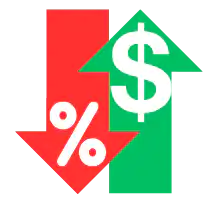 Icon of a two arrows. One arrow pointing downward, symbolizing lower interest rates and another arrow putting up with a Dollar sign indicating lowering your interest rate and raising your money through refinancing.