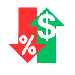 Icon of a two arrows. One arrow pointing downward, symbolizing lower interest rates and another arrow putting up with a Dollar sign indicating lowering your interest rate and raising your money through refinancing.