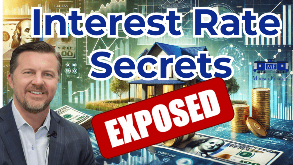 High-quality financial thumbnail featuring a house, stacks of money, and interest rate graphs. Perfect for videos or articles about mortgage rates, home buying tips, and financial strategies.and the words Interest rates secrets exposed