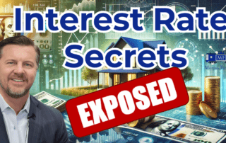 High-quality financial thumbnail featuring a house, stacks of money, and interest rate graphs. Perfect for videos or articles about mortgage rates, home buying tips, and financial strategies.and the words Interest rates secrets exposed