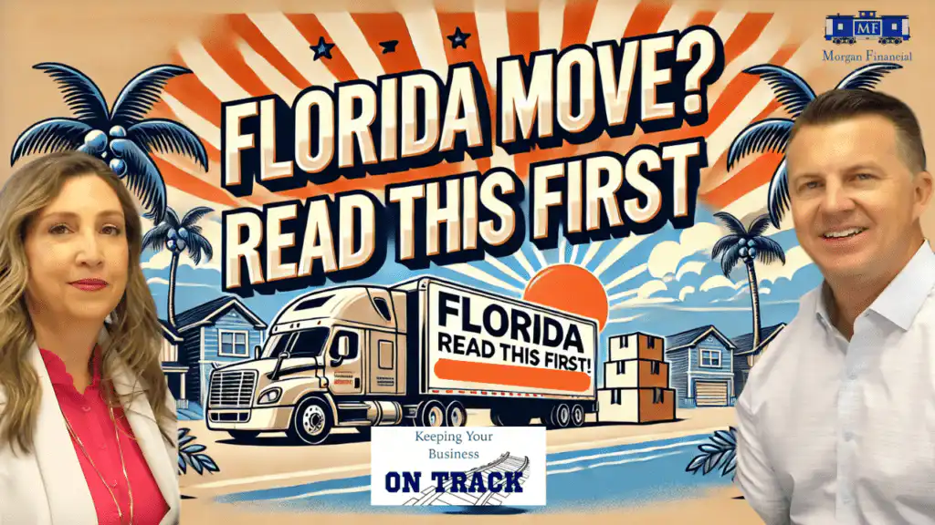 A YouTube thumbnail featuring a moving truck with bold text reading 'Florida Move? READ THIS FIRST!' alongside two smiling professionals from Morgan Financial, set against a tropical Florida neighborhood backdrop.