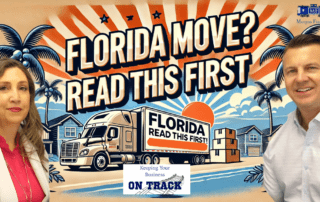 A YouTube thumbnail featuring a moving truck with bold text reading 'Florida Move? READ THIS FIRST!' alongside two smiling professionals from Morgan Financial, set against a tropical Florida neighborhood backdrop.