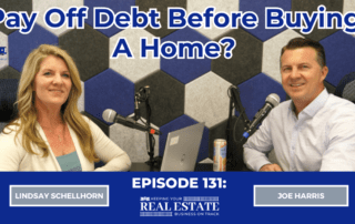 A podcast recording featuring Lindsay Schellhorn and Joe Harris, both seated with microphones in a professional studio setup. The text overlay reads, “Pay Off Debt Before Buying a Home?” with Morgan Financial’s logo in the top left corner. The background consists of blue and gray hexagonal acoustic panels.