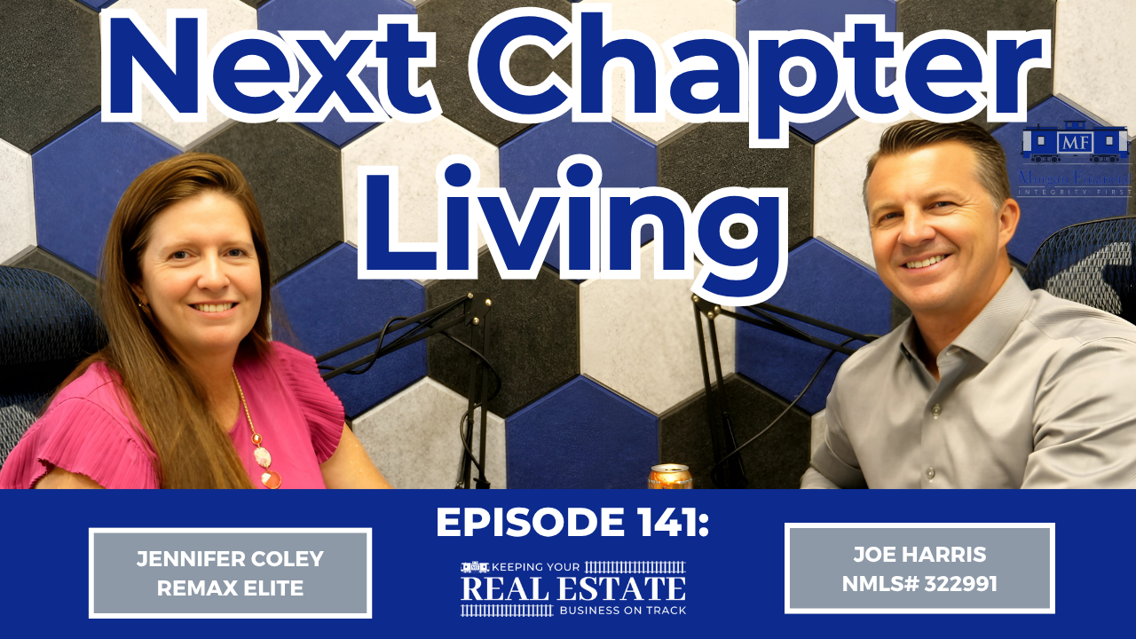 Podcast hosts Jennifer Coley and Joe Harris smile during episode 141 of the "Next Chapter Living" real estate podcast.