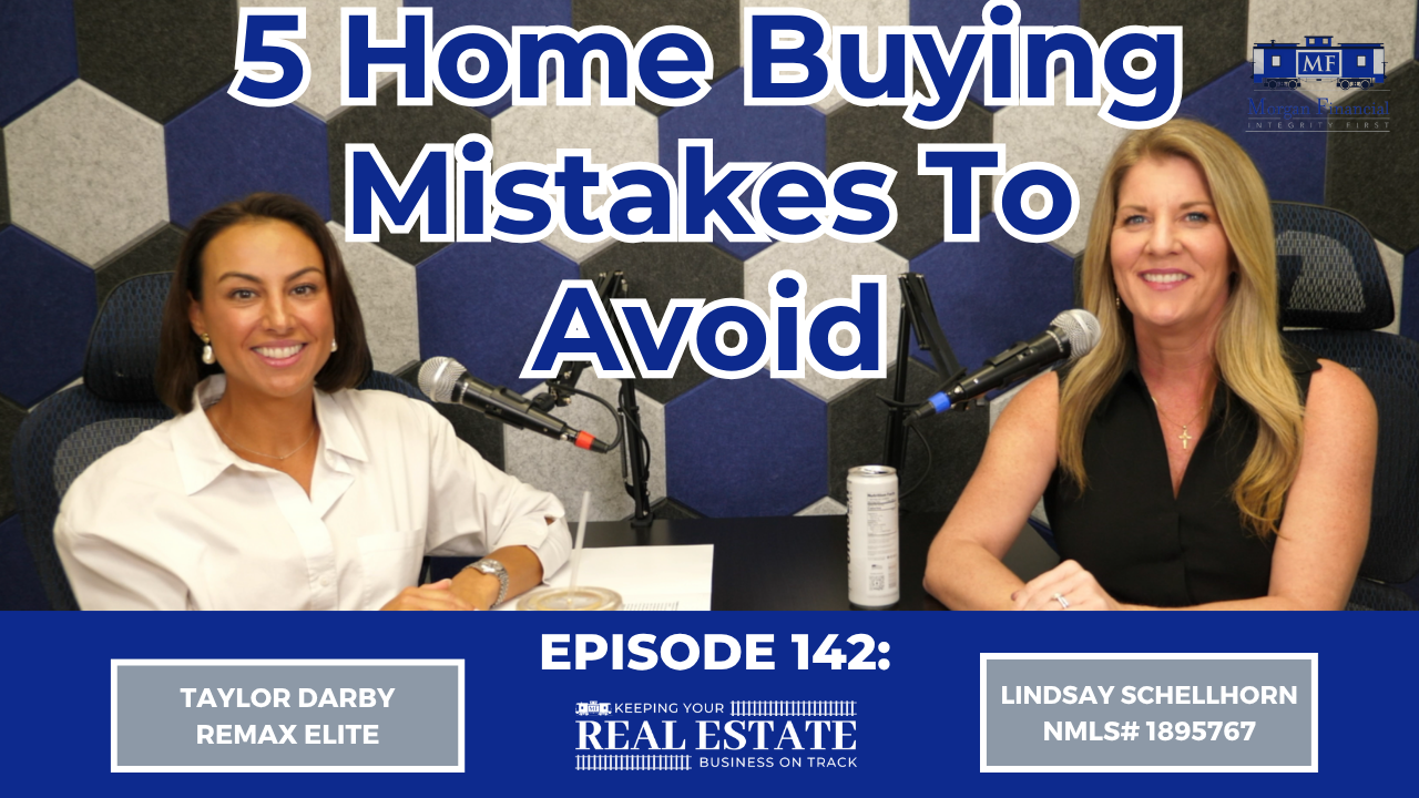 Two women, Taylor Darby and Lindsay Schellhorn, recording a podcast episode titled "5 Home Buying Mistakes To Avoid" in a studio setting with microphones and drinks on the table.