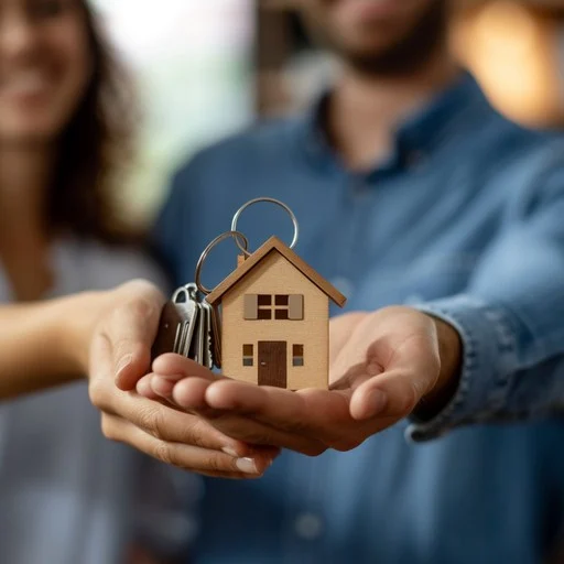 Smiling couple holding out a house key attached to a wooden home-shaped keychain, symbolizing new homeownership.