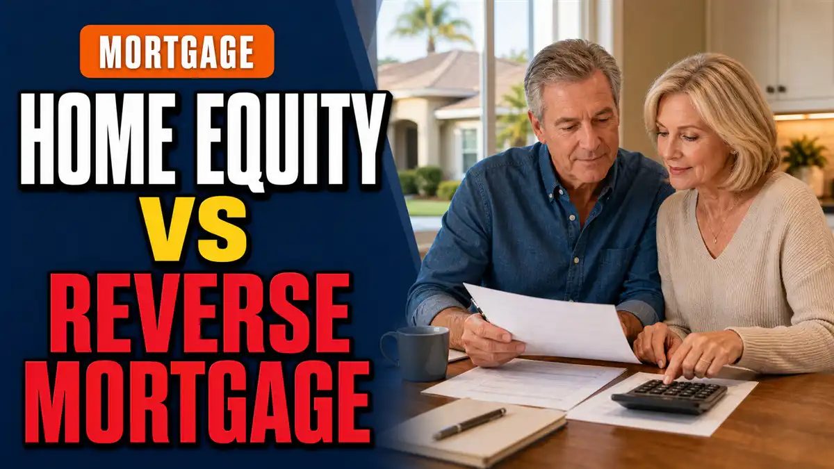 Mature Florida homeowners comparing mortgage documents beside text reading Home Equity vs Reverse Mortgage