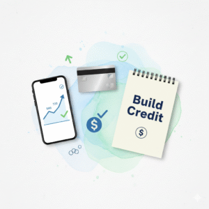 Flat-lay with credit card, notebook labeled ‘Build Credit,’ and smartphone showing rising credit score graph
