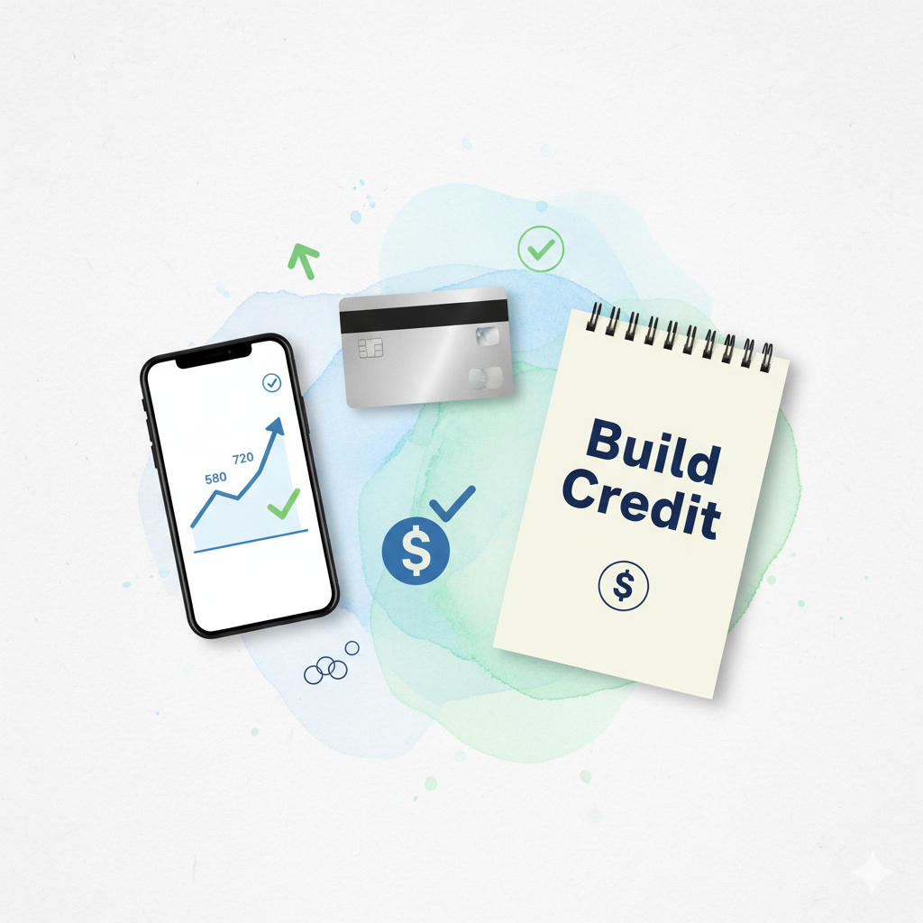 Flat-lay with credit card, notebook labeled ‘Build Credit,’ and smartphone showing rising credit score graph