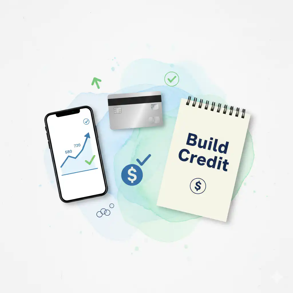 Flat-lay with credit card, notebook labeled â€˜Build Credit,â€™ and smartphone showing rising credit score graph