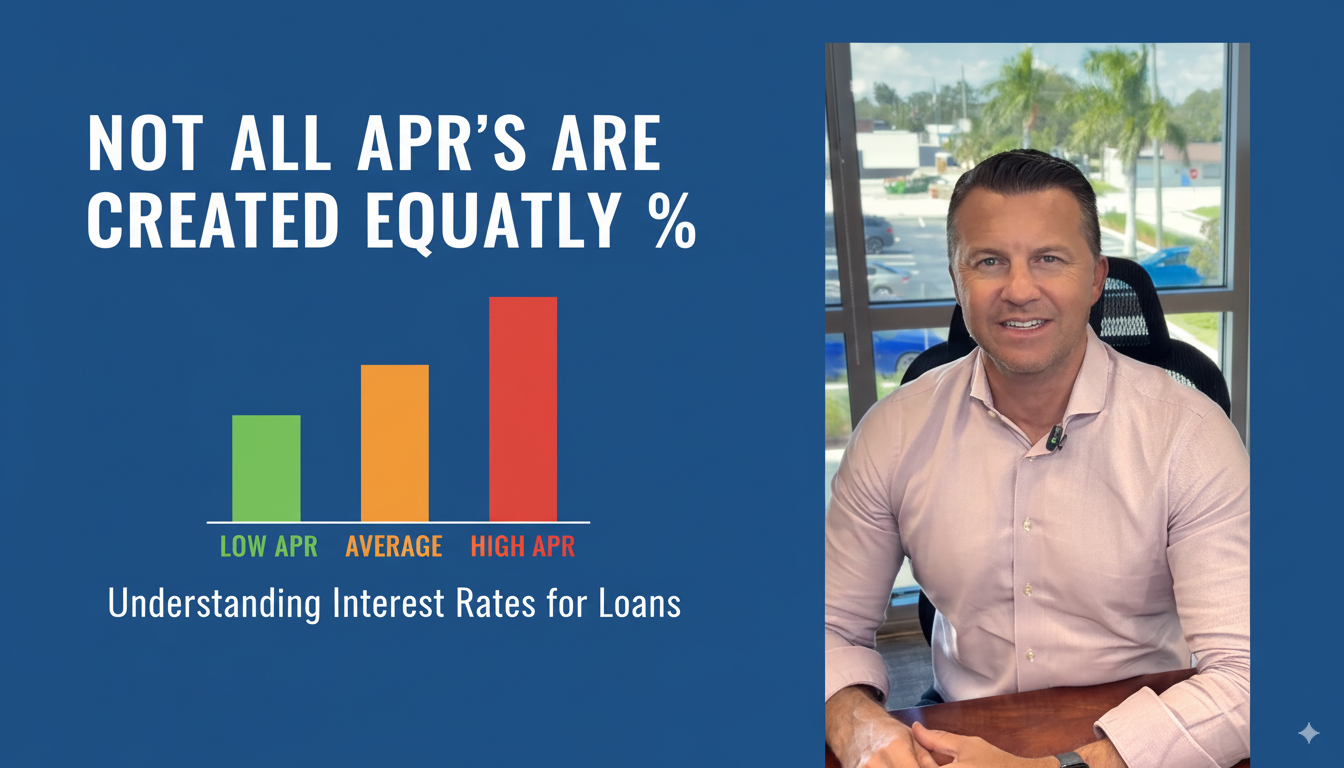 Man sitting at a desk with a graphic showing different APR levels titled "Not All APR’s Are Created Equally %," explaining loan interest rates.