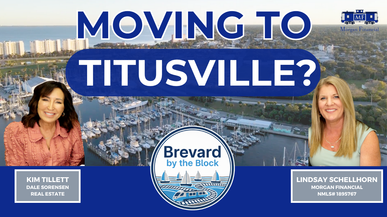 Two smiling women, Kim Tillett and Lindsay Schellhorn, featured in a promotional graphic with a marina in Titusville, Florida, and the text "Moving to Titusville?" promoting Brevard by the Block real estate and mortgage services.