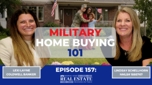 Podcast episode cover image featuring Lexi Layne of Coldwell Banker and Lindsay Schellhorn, NMLS# 1895767, discussing "Military Home Buying 101" with a happy military family in front of a home.