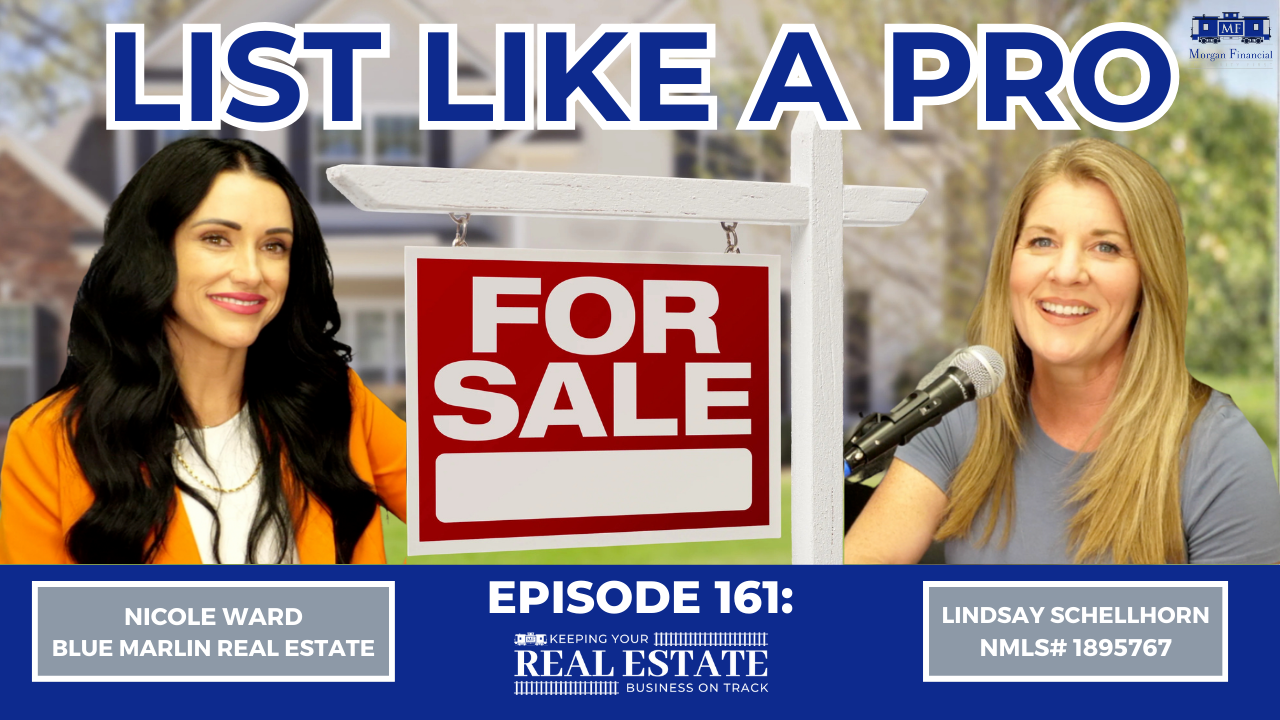 Podcast episode banner featuring Nicole Ward and Lindsay Schellhorn discussing real estate listing strategies with a "For Sale" sign.