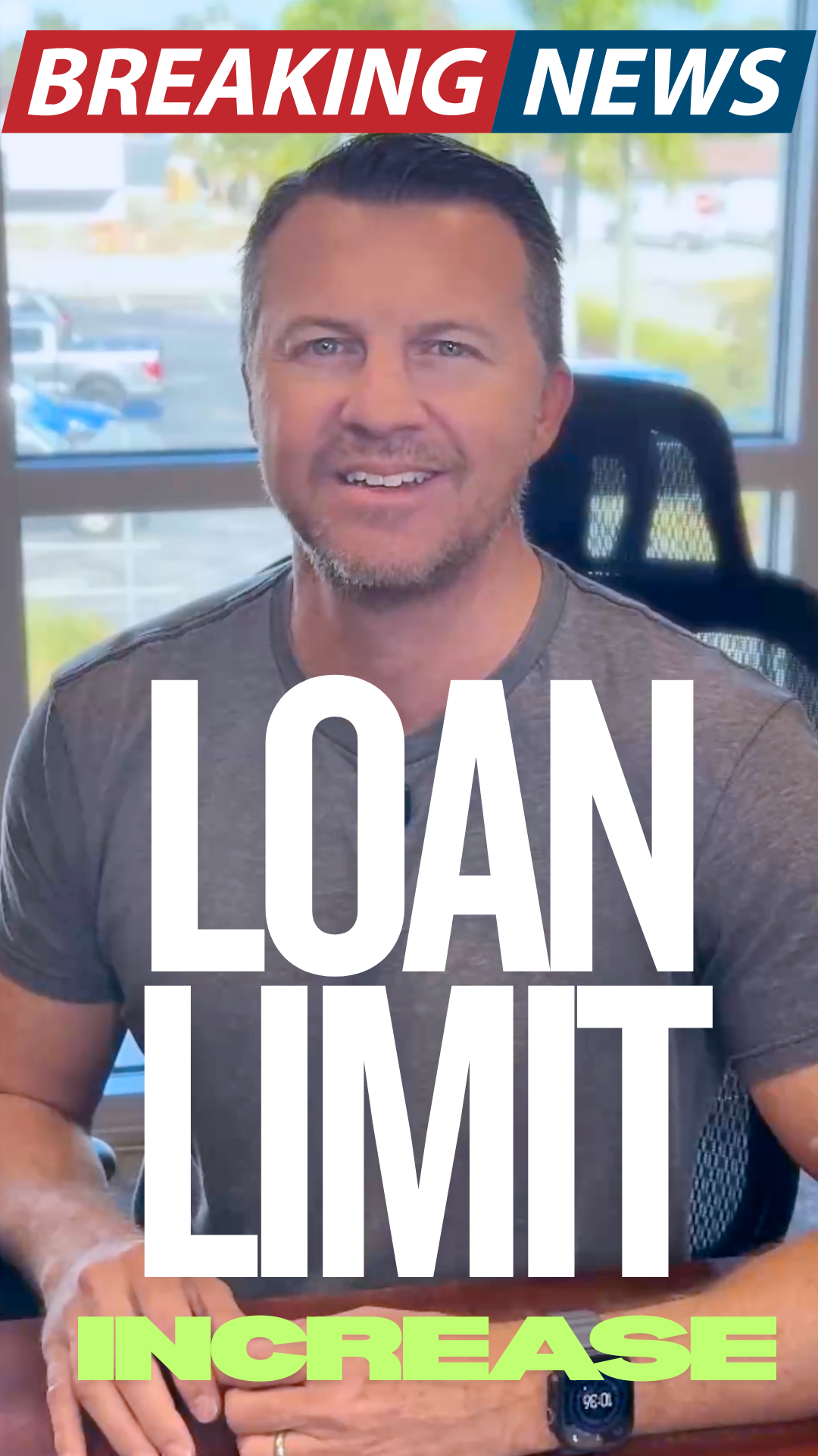 Smiling man announcing breaking news about a loan limit increase, sitting at a desk with bold text overlay.