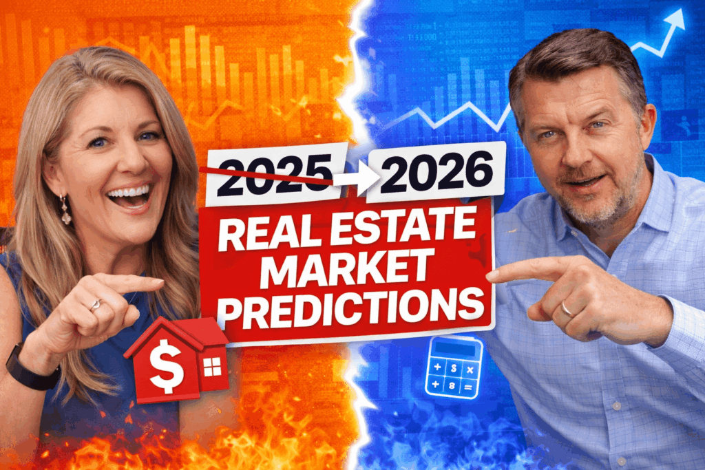 Lindsay Schellhorn (Business Development Rep at Morgan Financial) and Joe Harris (COO at Morgan Financial) pointing to text about 2025–2026 real estate market predictions