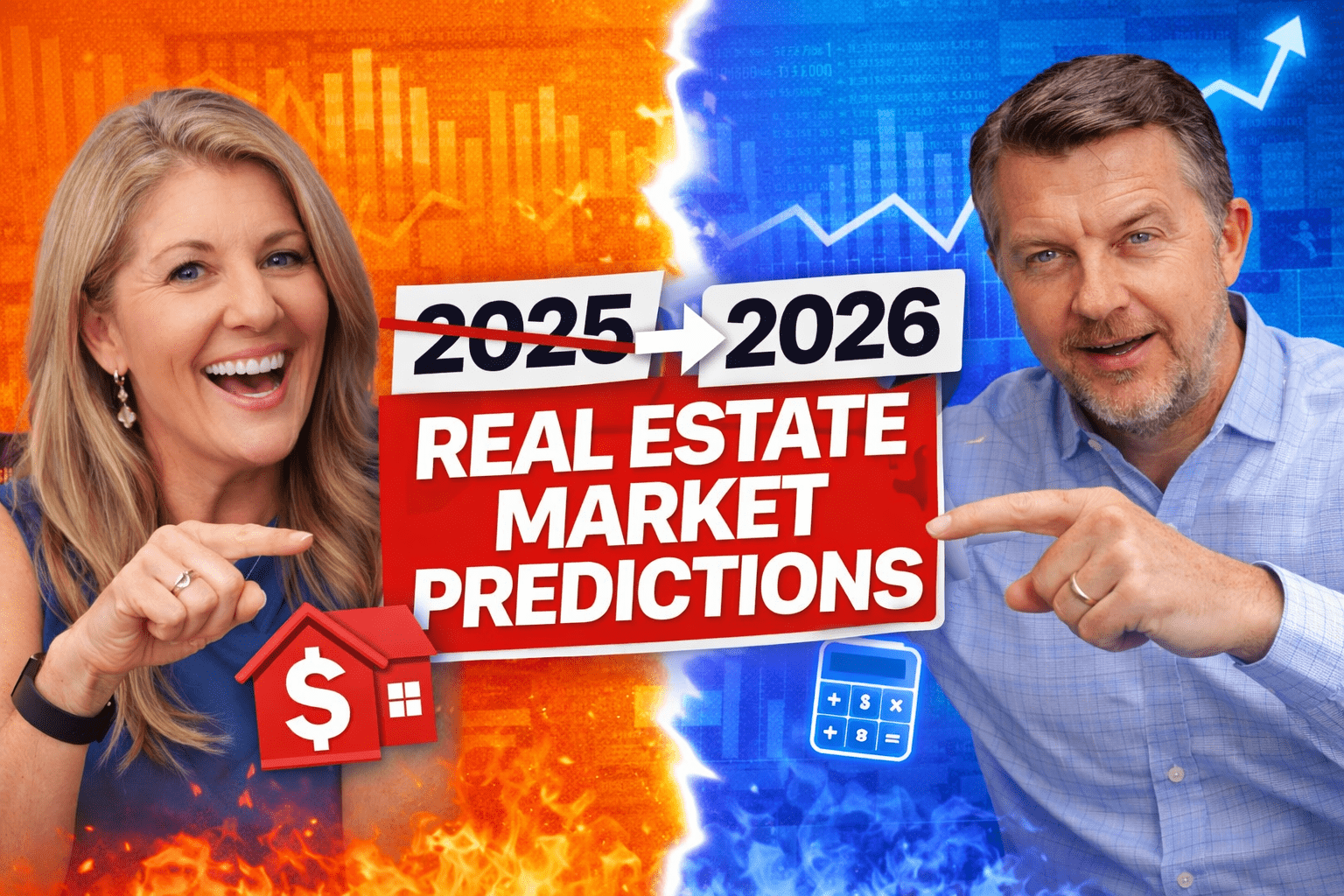 Lindsay Schellhorn (Business Development Rep at Morgan Financial) and Joe Harris (COO at Morgan Financial) pointing to text about 2025–2026 real estate market predictions