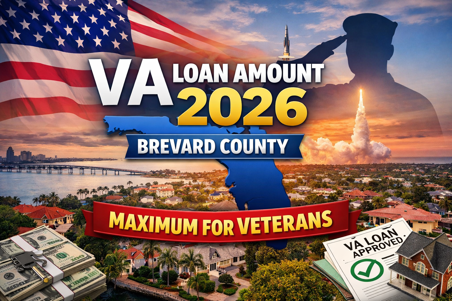 VA loan amount 2026 maximum for veterans in Brevard County, Florida with patriotic background, money, and approved home loan imagery