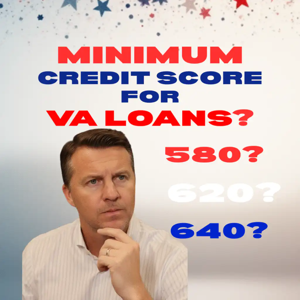 Joe Harris, COO of Morgan Financial, looks thoughtfully at text asking about the minimum credit score for VA loans, with score options 580, 620, and 640 displayed in red, white, and blue.
