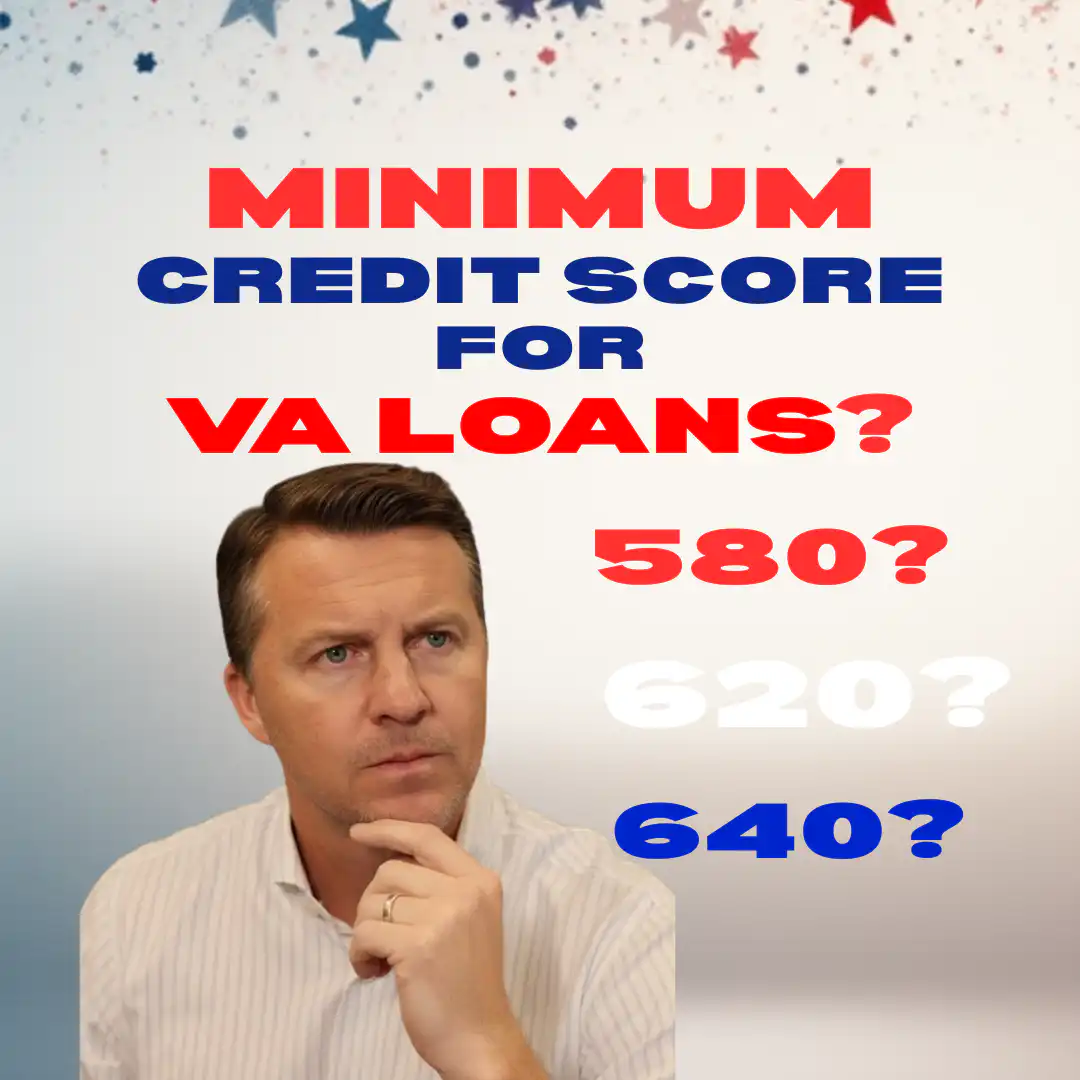 Joe Harris, COO of Morgan Financial, looks thoughtfully at text asking about the minimum credit score for VA loans, with score options 580, 620, and 640 displayed in red, white, and blue.