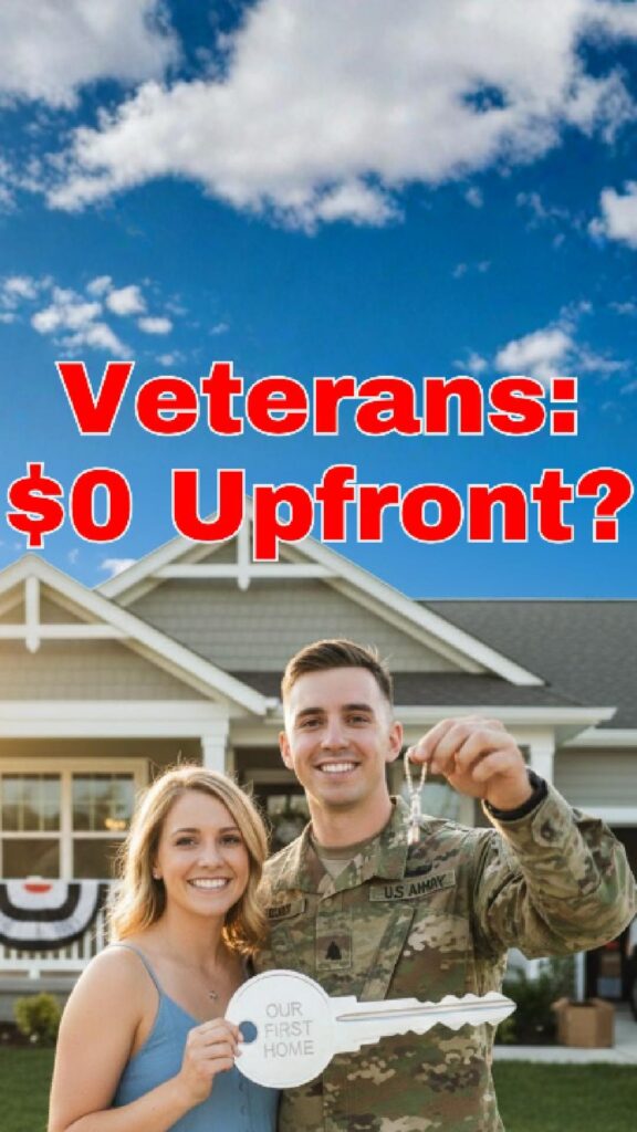 Smiling U.S. Army service member and partner holding a house key labeled "Our First Home" in front of a new house, with bold red text that reads â€œVeterans: $0 Upfront?â€