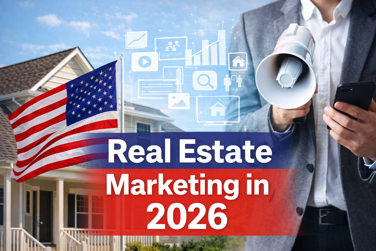 Real estate marketing in 2026 showing a home with an American flag and digital marketing icons