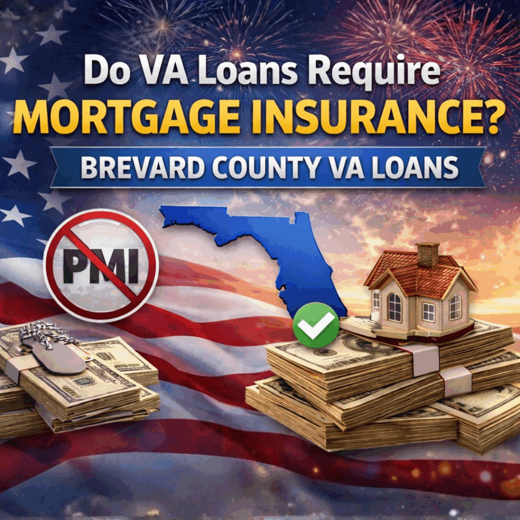 Do VA loans require mortgage insurance in Brevard County, Florida – VA loan benefits with no PMI, patriotic background and financial imagery