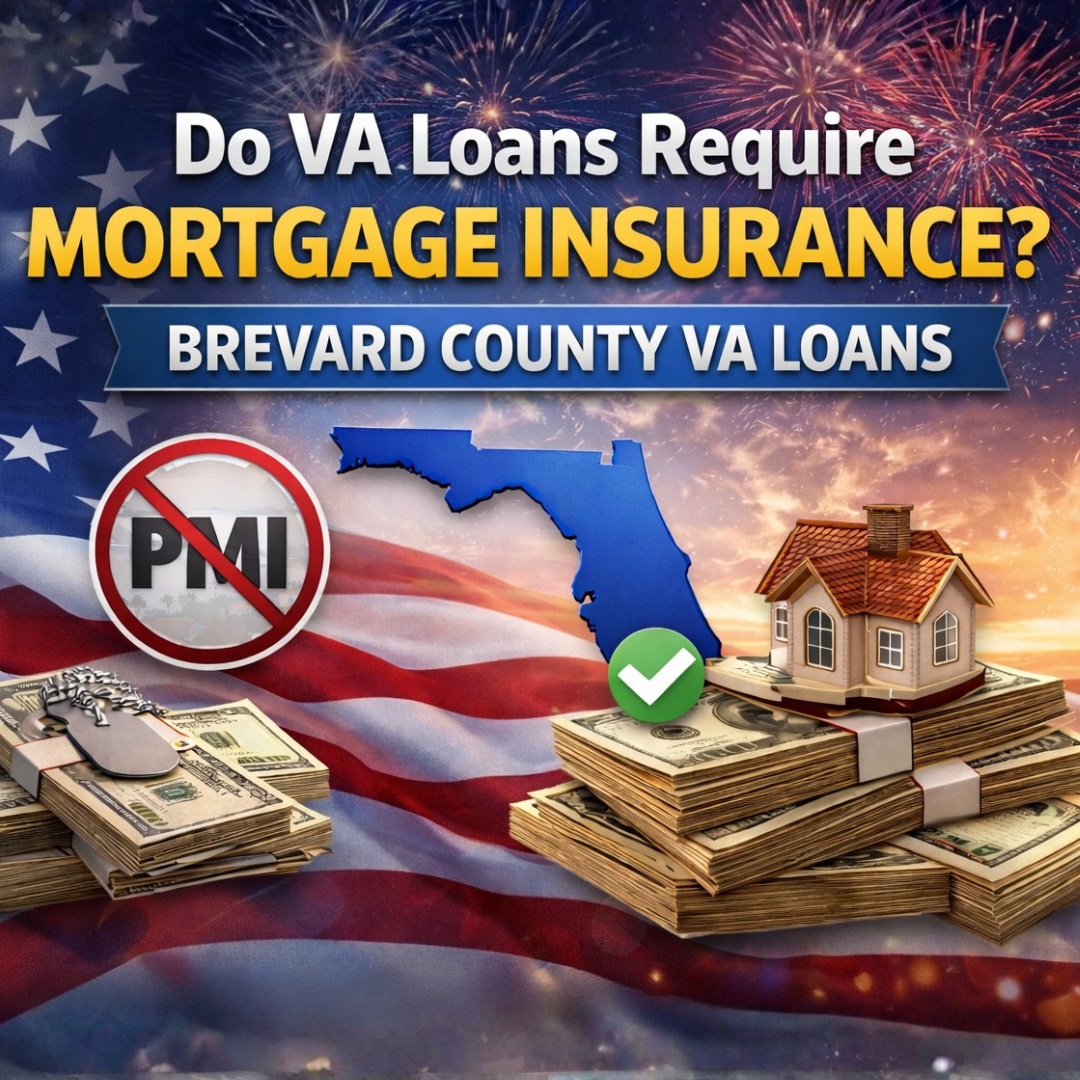 Do VA loans require mortgage insurance in Brevard County, Florida – VA loan benefits with no PMI, patriotic background and financial imagery