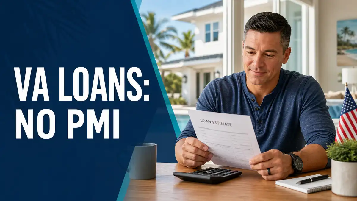Veteran homebuyer reviewing a Loan Estimate beside a calculator, with text reading “VA Loans: No PMI”