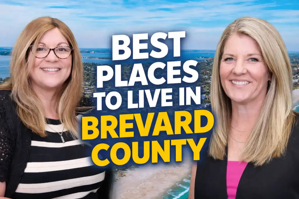 Lindsay Schellhorn of Morgan Financial and Jodie Bizarro of Waterman Real Estate discuss the best places to live in Brevard County, Florida with aerial beach view background.