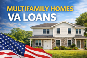 Multifamily duplex home with American flag representing VA loans for multifamily properties