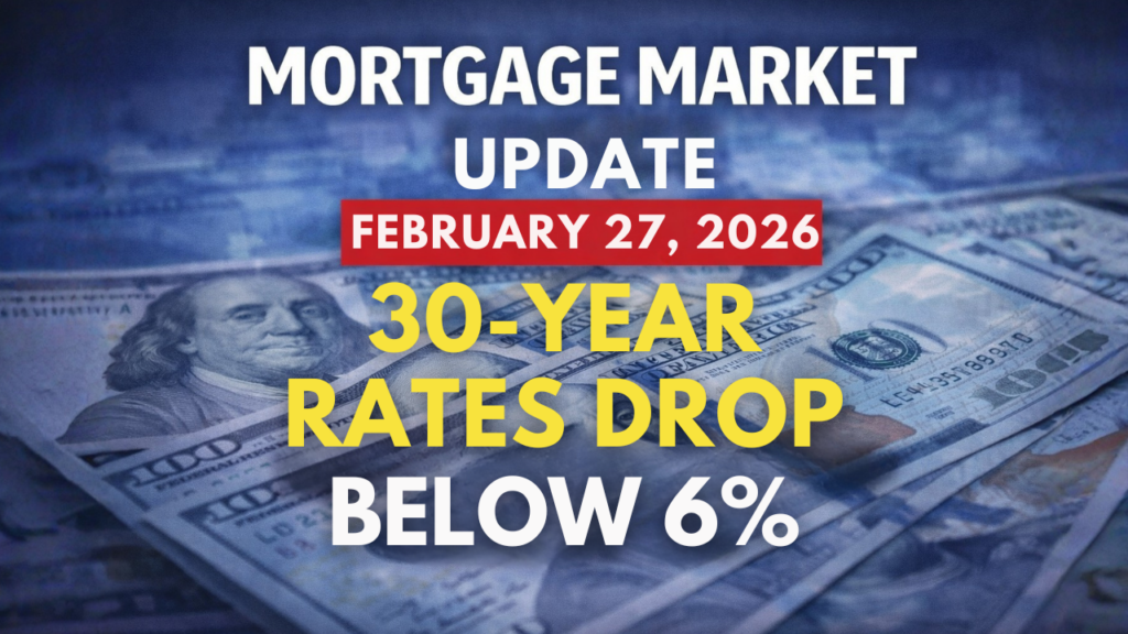 Mortgage market update February 27 2026 showing 30-year mortgage rates drop below 6 percent over US hundred dollar bills background