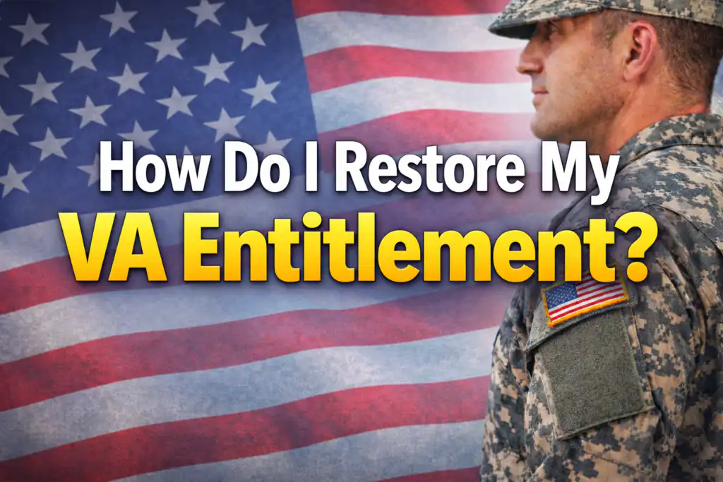 VA entitlement vs VA eligibility explained with Air Force veteran and family standing near a home with an American flag