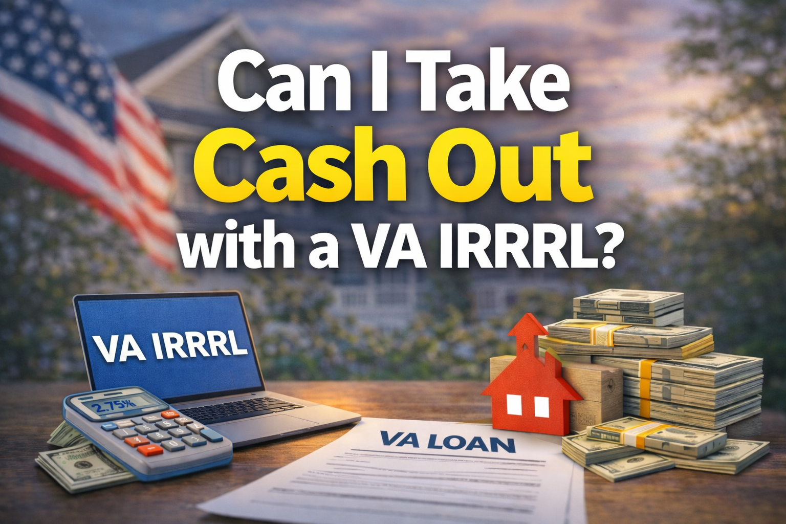 Can I take cash out with a VA IRRRL graphic showing VA loan paperwork, calculator, and cash with a home and American flag