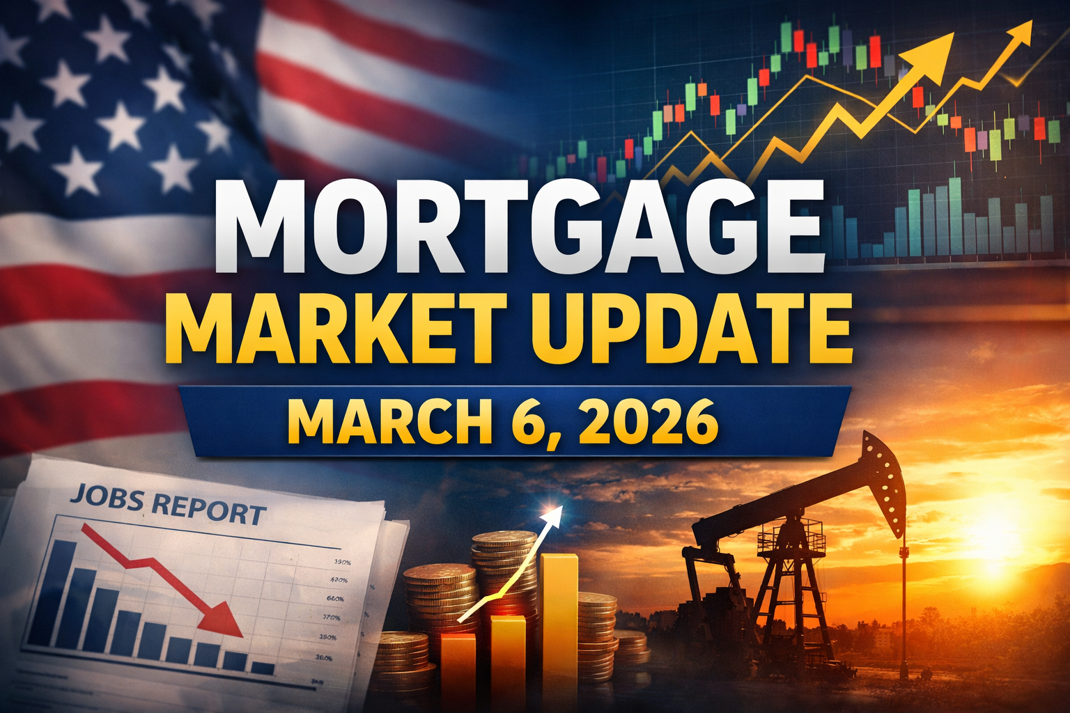 Mortgage Market Update March 6 2026 graphic showing US flag economic charts and mortgage rate trends