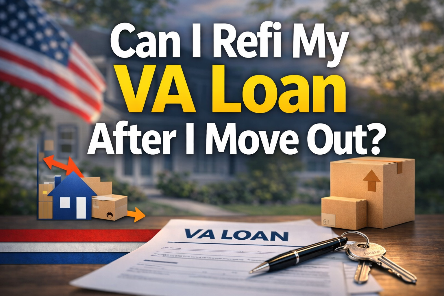 Can I refi my VA loan after I move out with house and moving boxes in front of home with American flag