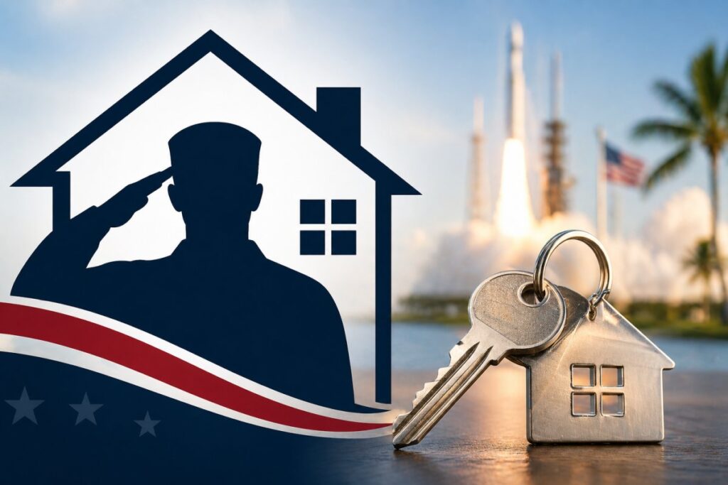 Veteran homebuyer concept with a saluting service member inside a house outline, house keys, and a rocket launch representing VA home loans in Titusville, Florida.