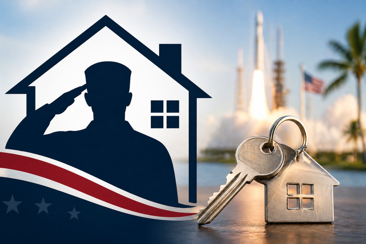 Veteran homebuyer concept with a saluting service member inside a house outline, house keys, and a rocket launch representing VA home loans in Titusville, Florida.