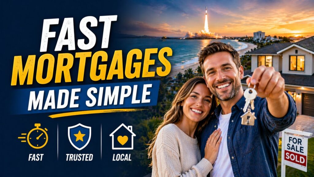 Happy couple holding house keys in front of a coastal home at sunset with “Fast Mortgages Made Simple” text overlay