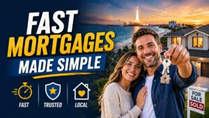 Happy couple holding house keys in front of a coastal home at sunset with “Fast Mortgages Made Simple” text overlay