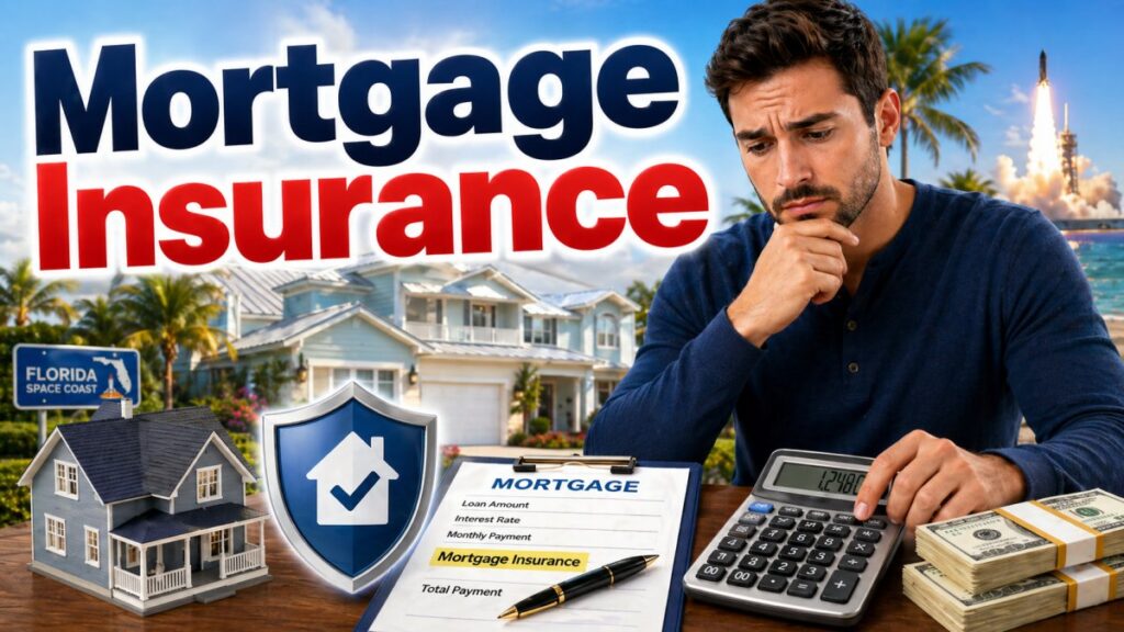 Homebuyer reviewing mortgage insurance costs with a calculator, loan paperwork, house model, and Florida Space Coast background.