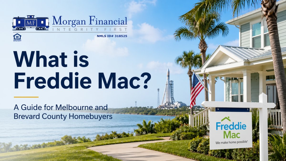 Freddie Mac home loan guide banner with waterfront house, palm trees, American flag, and space rocket launch site in Melbourne Florida